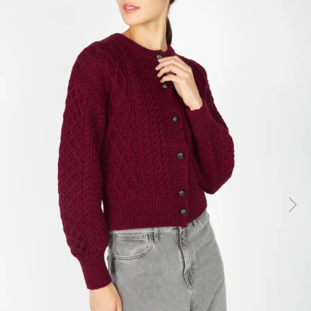 IrelandsEye Clover Cropped Aran Cardigan in Claret NWOT